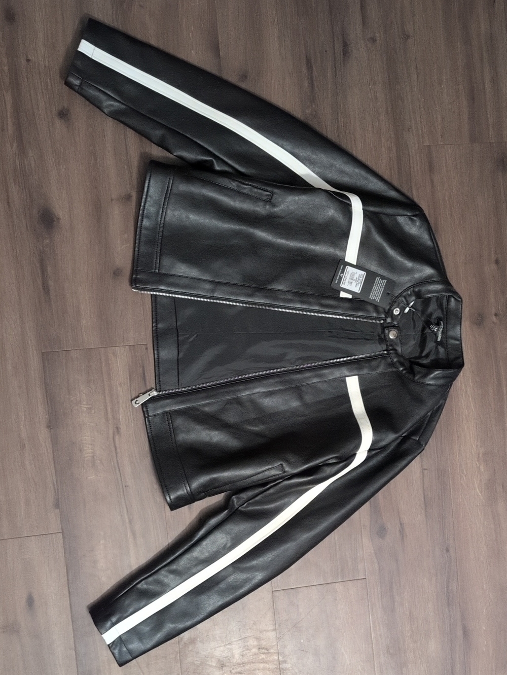 True Religion Black Leather Cropped Biker Jacket with White Racing Stripes